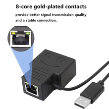 Load image into Gallery viewer, RJ45 Ethernet Splitter 1 to 2 Ways Double Female Adapter USB Power Supply
